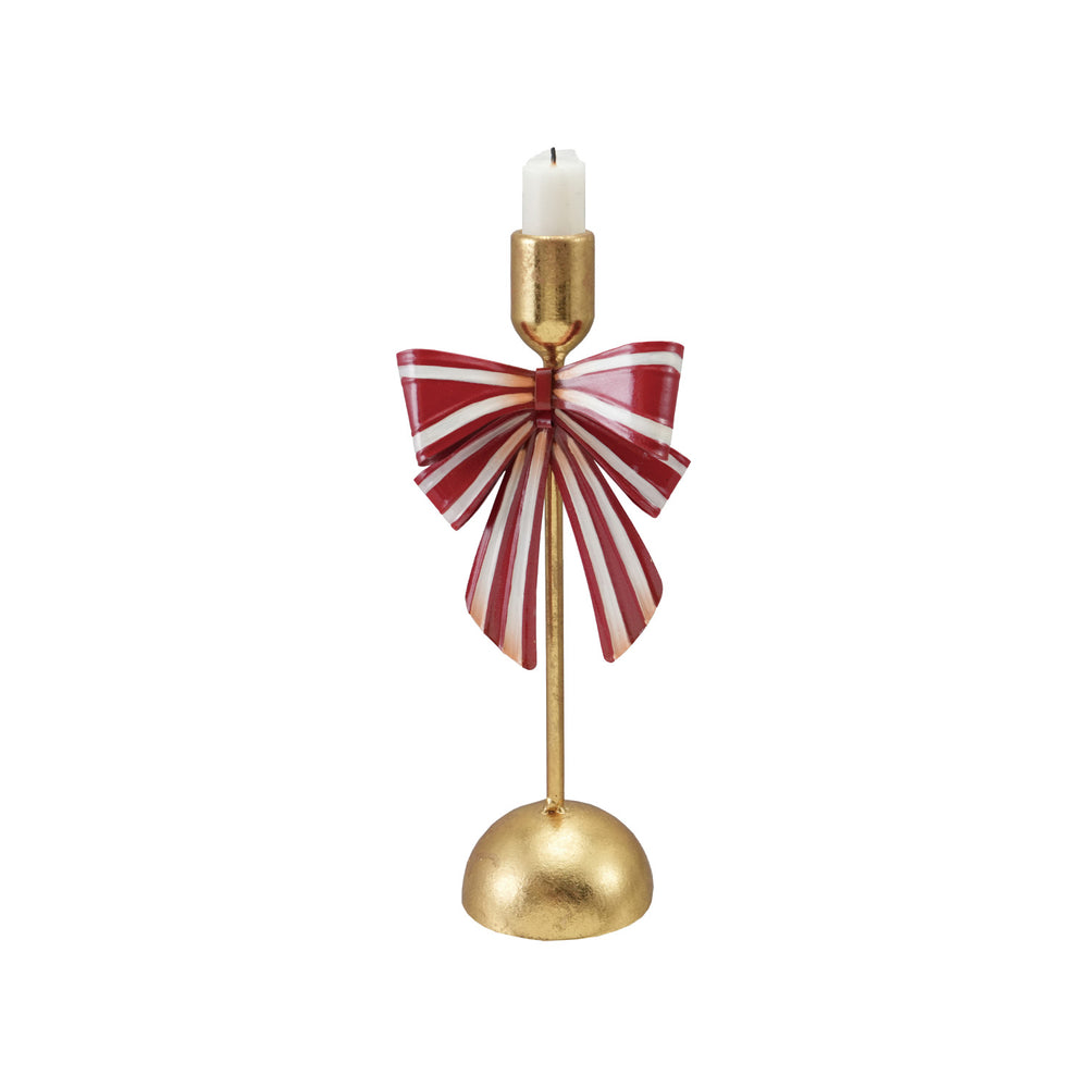 Metal Taper Holder with Striped Bow, Gold Finish, Red & White, view 2