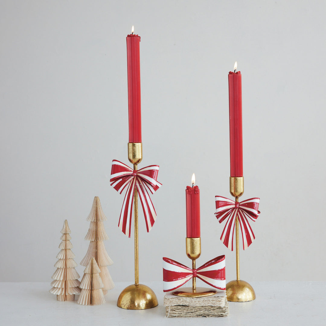 Metal Taper Holder with Striped Bow, Gold Finish, Red & White, view 3