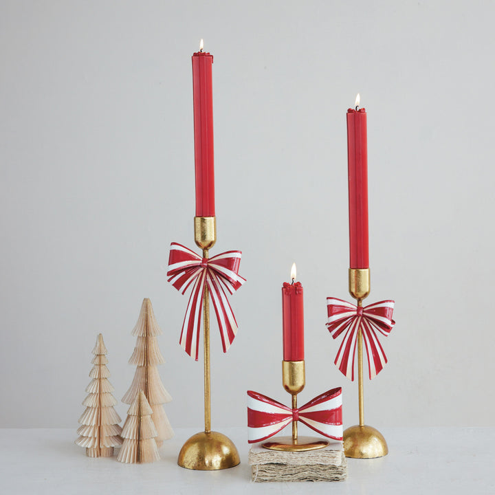 Metal Taper Holder with Striped Bow, Gold Finish, Red & White, view 3