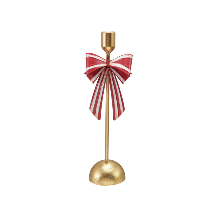 Metal Taper Holder with Striped Bow, Gold Finish, Red & White, view 4