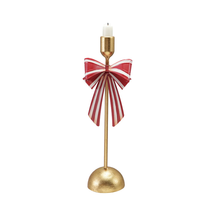 Metal Taper Holder with Striped Bow, Gold Finish, Red & White, view 5