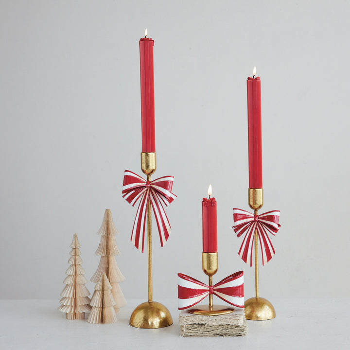 Metal Taper Holder with Striped Bow, Gold Finish, Red & White, view 6