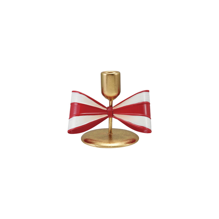 Metal Taper Holder with Striped Bow, Gold Finish, Red & White, view 7