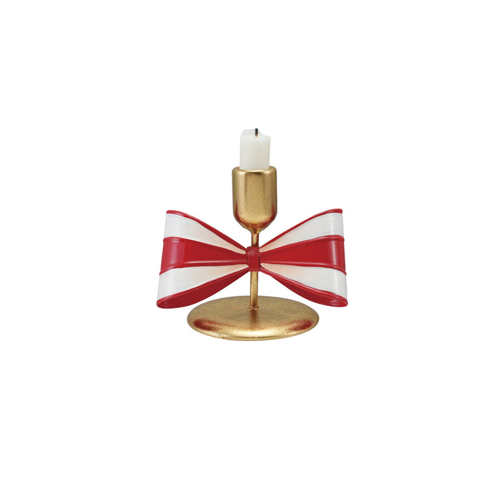 Metal Taper Holder with Striped Bow, Gold Finish, Red & White, view 8