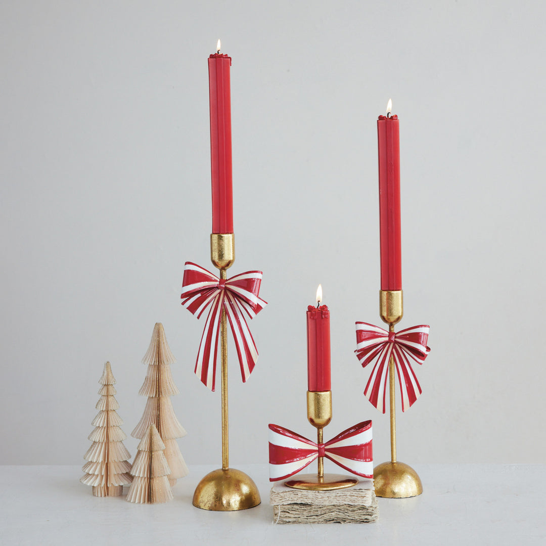 Metal Taper Holder with Striped Bow, Gold Finish, Red & White, view 9