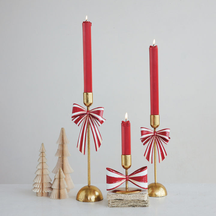 Metal Taper Holder with Striped Bow, Gold Finish, Red & White, view 9