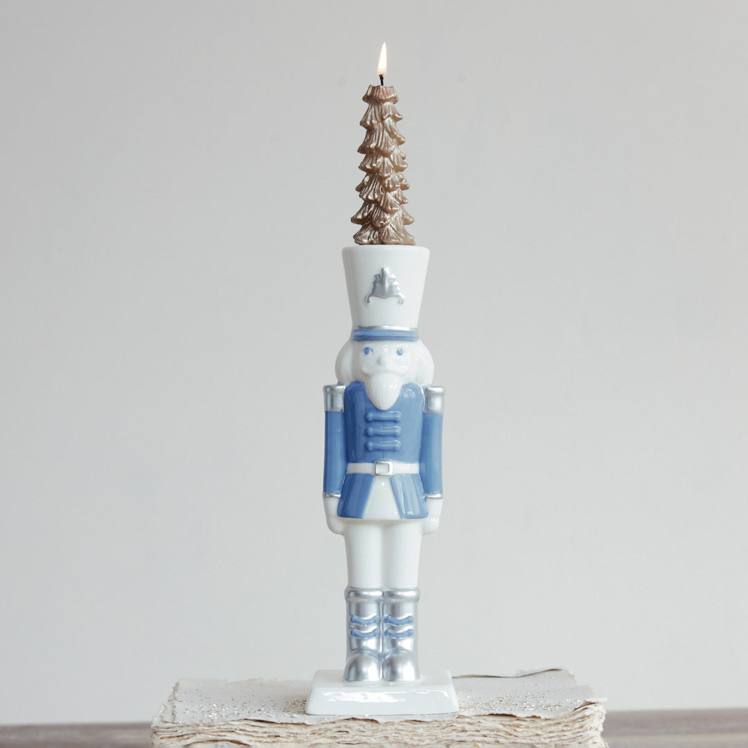 Ceramic Nutcracker Shaped Taper Holder with Silver Electroplating, White & Blue, view 3