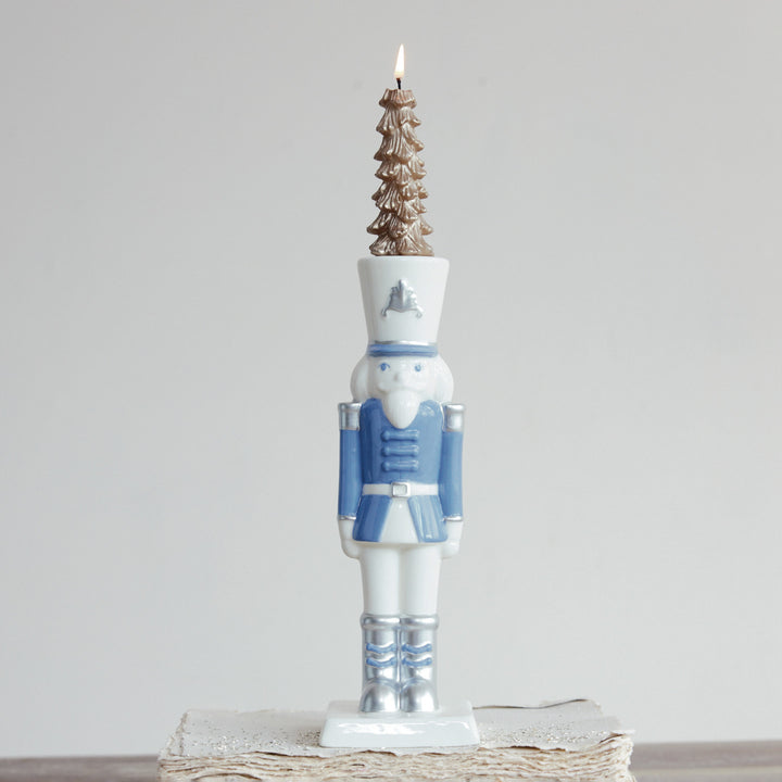 Ceramic Nutcracker Shaped Taper Holder with Silver Electroplating, White & Blue, view 3