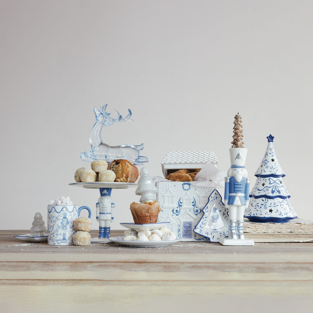 Ceramic Nutcracker Shaped Taper Holder with Silver Electroplating, White & Blue, view 4