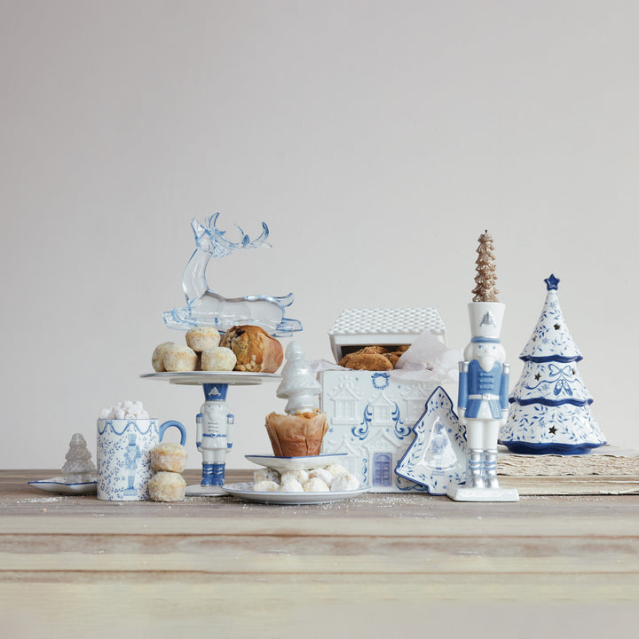 Ceramic Nutcracker Shaped Taper Holder with Silver Electroplating, White & Blue, view 4