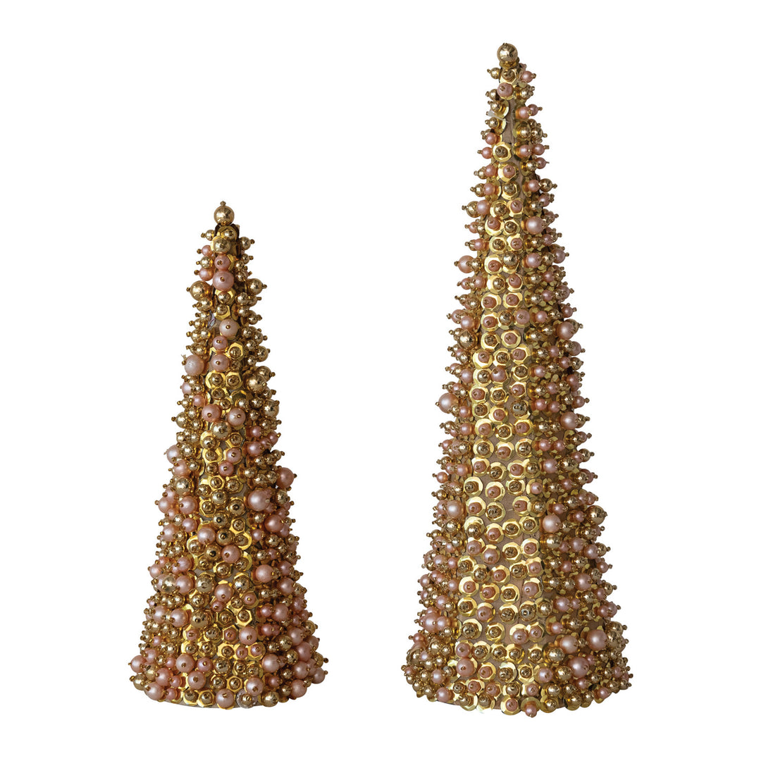 Beaded Gold Trees with Pearls & Sequins, Set of 2