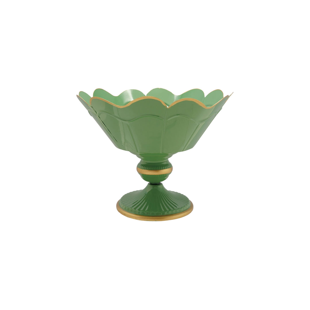 Decorative Metal Scalloped Footed Container, Mint Color & Gold Finish