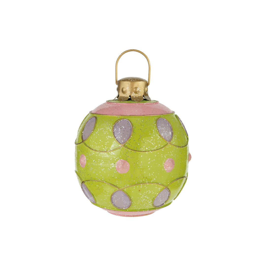 Oversized Painted Metal Ball Ornament with Pattern & Glitter, Green, Pink & Purple