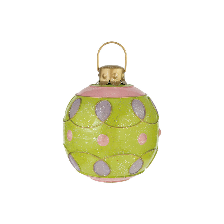 Oversized Painted Metal Ball Ornament with Pattern & Glitter, Green, Pink & Purple