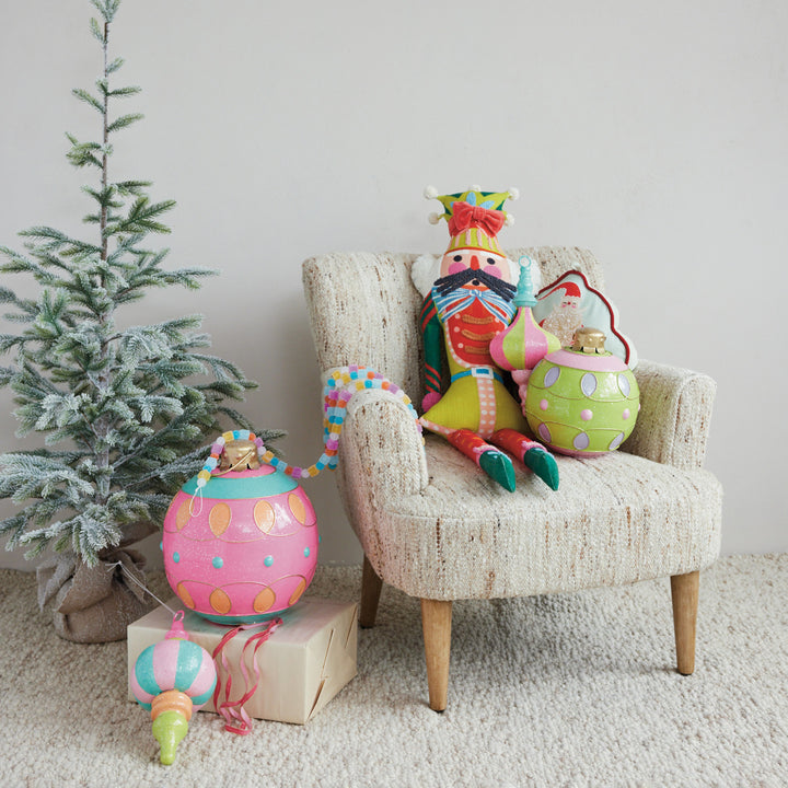 Oversized Painted Metal Ball Ornament with Pattern & Glitter, Green, Pink & Purple, view 2