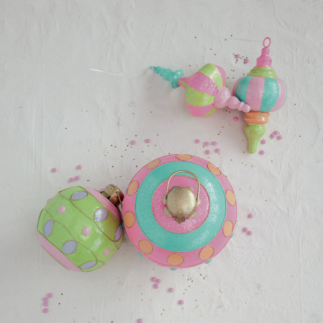 Oversized Painted Metal Ball Ornament with Pattern & Glitter, Green, Pink & Purple, view 3