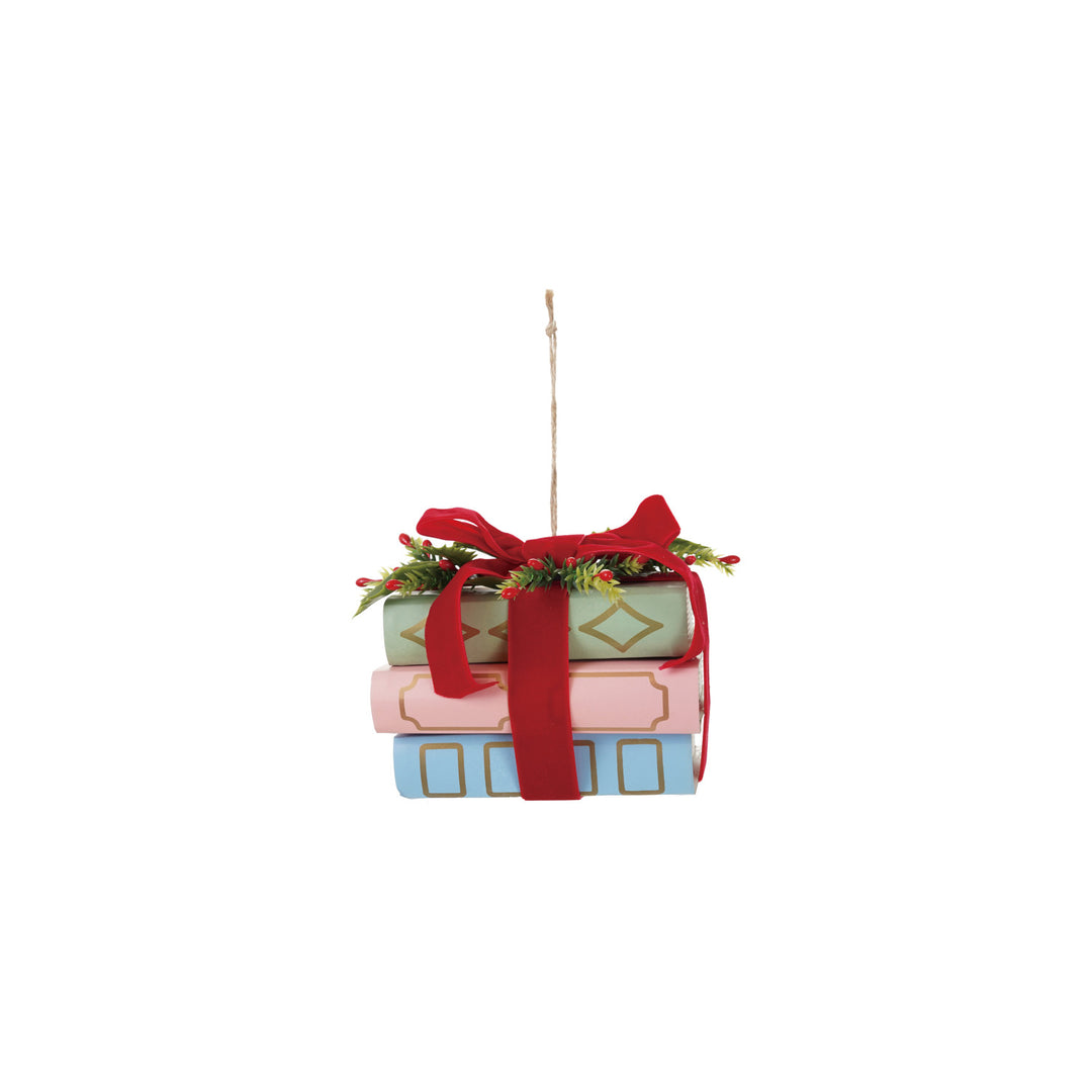 Paper Stacked Books Ornament with Velvet Ribbon & Holly