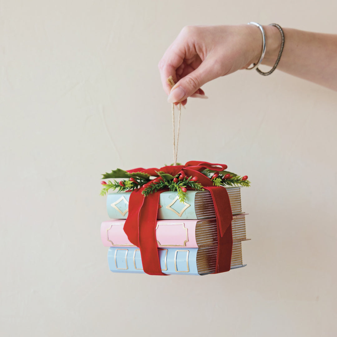 Paper Stacked Books Ornament with Velvet Ribbon & Holly, view 2