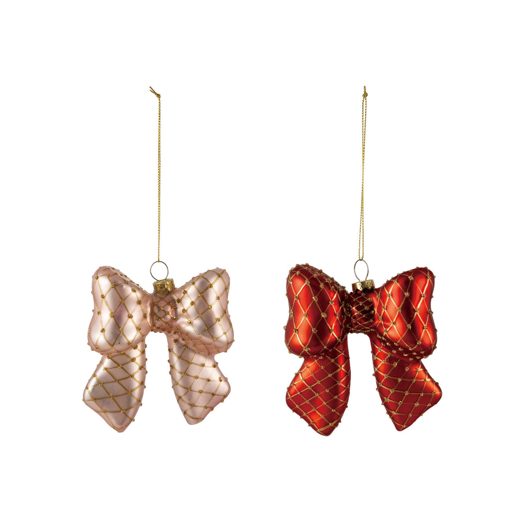 Hand-Painted Glass Bow Ornament with Diamond Pattern & Gold Finish Glitter, 2 Colors