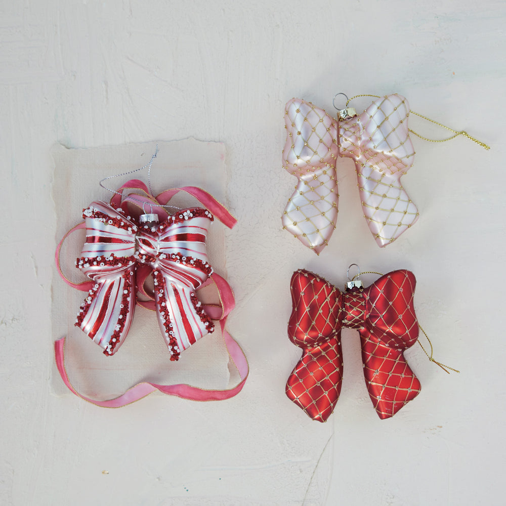 Hand-Painted Glass Bow Ornament with Diamond Pattern & Gold Finish Glitter, 2 Colors, view 2