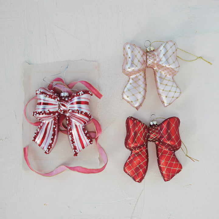 Hand-Painted Glass Bow Ornament with Diamond Pattern & Gold Finish Glitter, 2 Colors, view 2