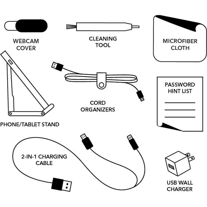 "Accept All Cookies" Tech Kit - Something Splendid Co. Contains a webcam cover, cleaning tool, microfiber cloth, phone/tablet stand, cord organizers, password hint list, 2 in 1 charging cable, and a USB wall charger