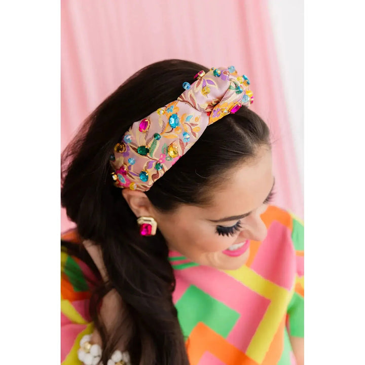 Adult Size Colorful Floral Brocade Headband With Crystals - Something Splendid Co.