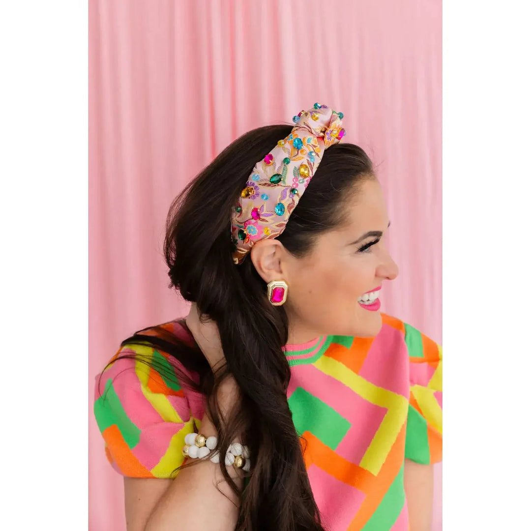 Adult Size Colorful Floral Brocade Headband With Crystals - Something Splendid Co.