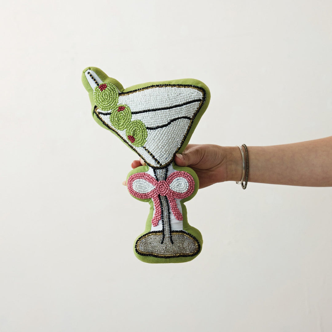 Beaded Martini Glass Pillow with Pink Bow - Something Splendid Co.