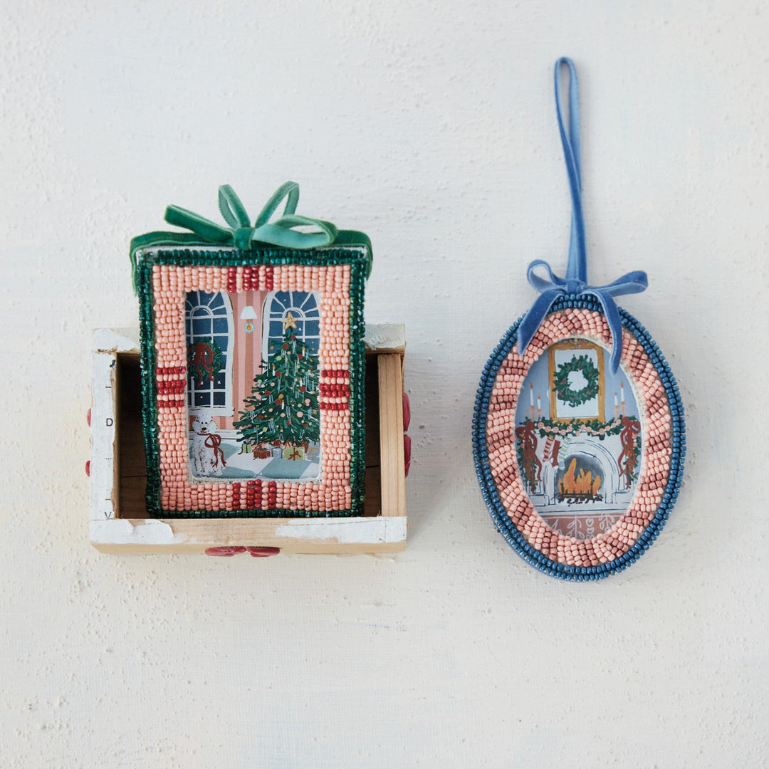 Beaded Photo Frame Ornament with Velvet Bow, 2 Styles - Something Splendid Co.