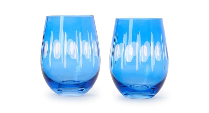 Blue Hand Engraved Stemless Wine Glasses - Set of 2 - Something Splendid Co.