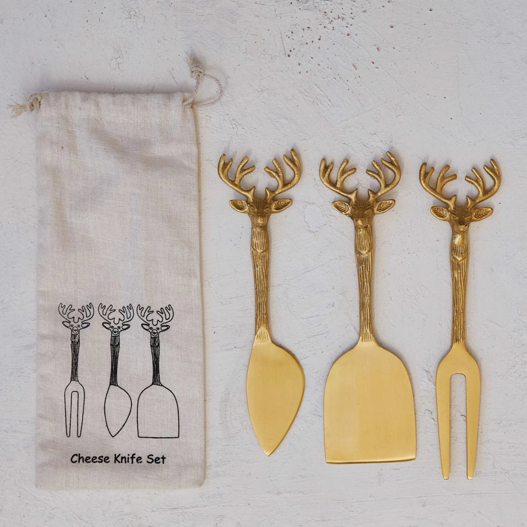 Brass Cheese Knives w/ Reindeer Handles, Set of 3 - Something Splendid Co.