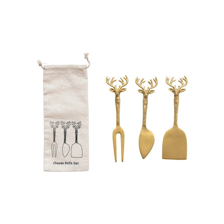 Brass Cheese Knives w/ Reindeer Handles, Set of 3 - Something Splendid Co.