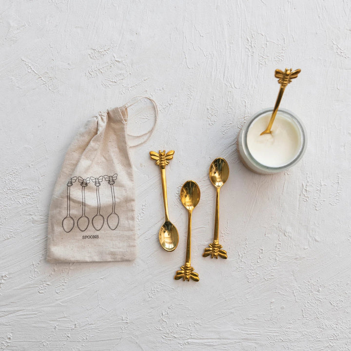 Brass Spoons with Bees, Set of 4 in Drawstring Bag - Something Splendid Co.