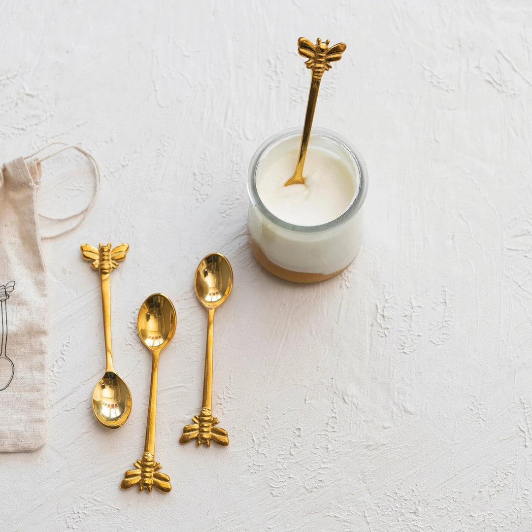 Brass Spoons with Bees, Set of 4 in Drawstring Bag - Something Splendid Co.