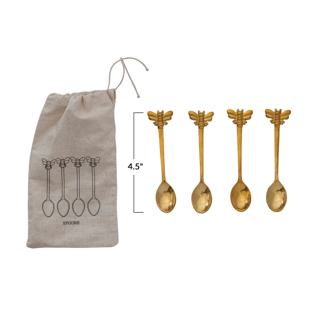 Brass Spoons with Bees, Set of 4 in Drawstring Bag - Something Splendid Co.