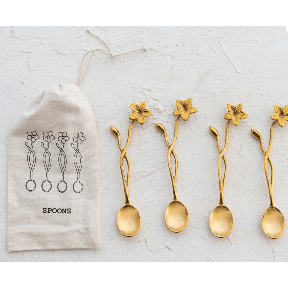 Brass Spoons with Flower Handles in Drawstring Bag - Something Splendid Co.