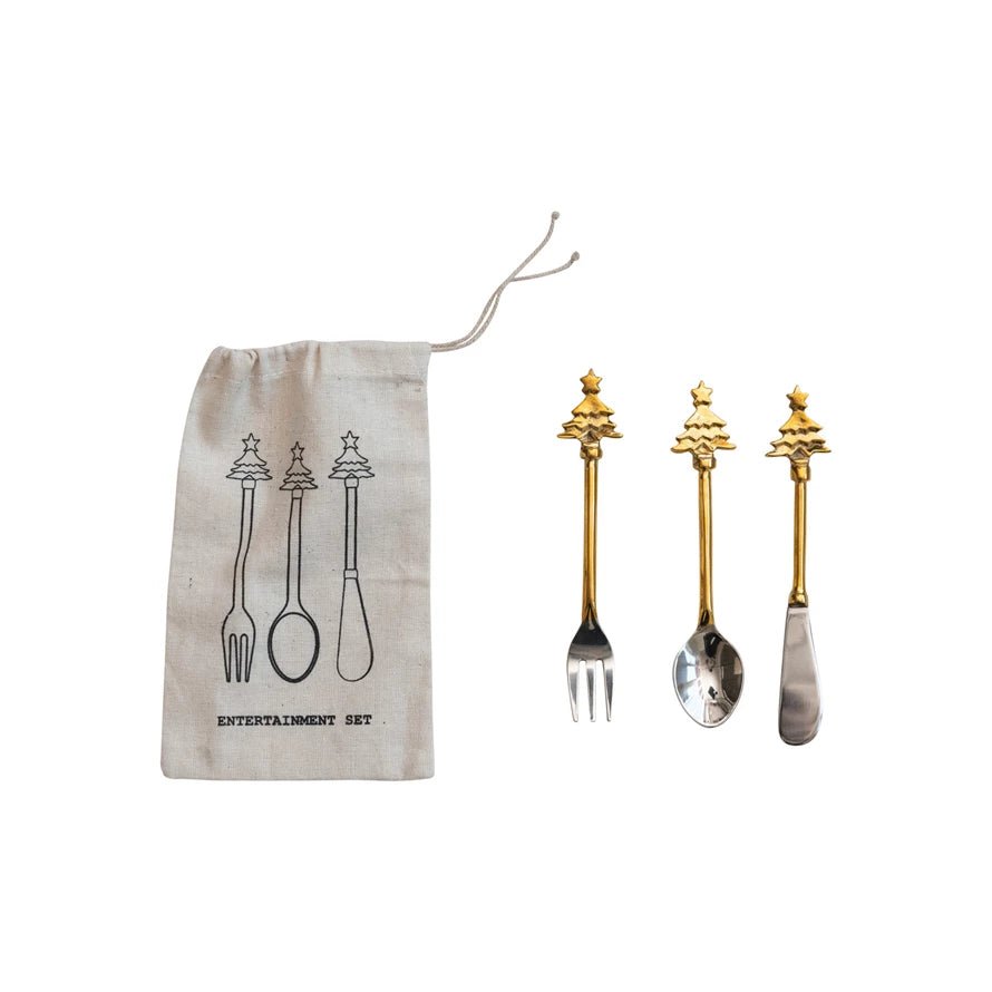 Brass & Steel Utensils w/ Christmas Tree Handle - Something Splendid Co.