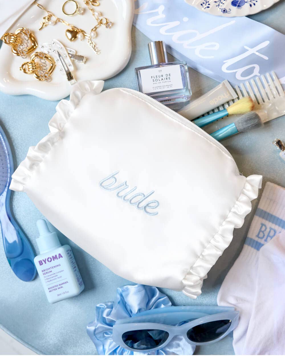 Bride Beauty Cosmetic Bag - embroidered satin, Bachelorette - Something Splendid Co.