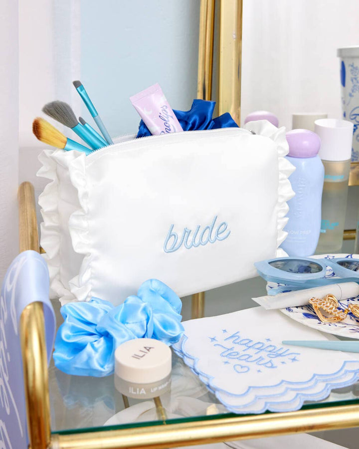 Bride Beauty Cosmetic Bag - embroidered satin, Bachelorette - Something Splendid Co.
