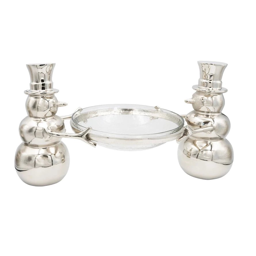 Cast Aluminum Snowmen Holding Hammered Glass Bowl - Something Splendid Co.