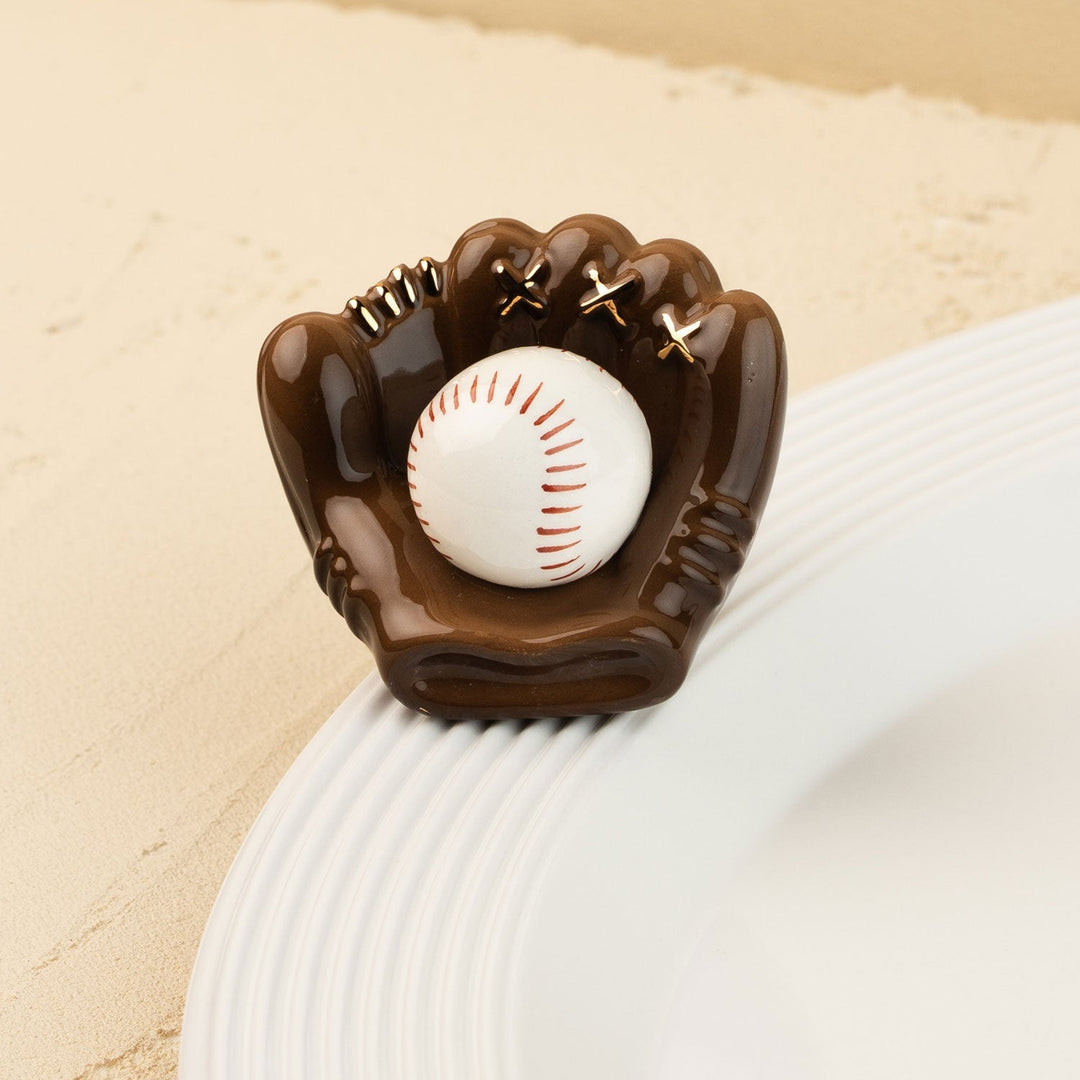 Catch Some Fun Mini by Nora Fleming — hand-painted ceramic baseball nestled in its mitt (alternate view)