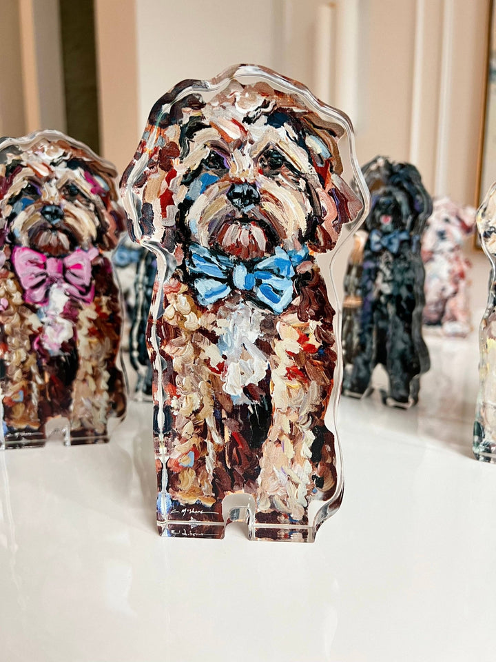 "Cavapoo (Golden Doodle) Red With Blue Bow" acrylic WHOLESALE - Something Splendid Co.