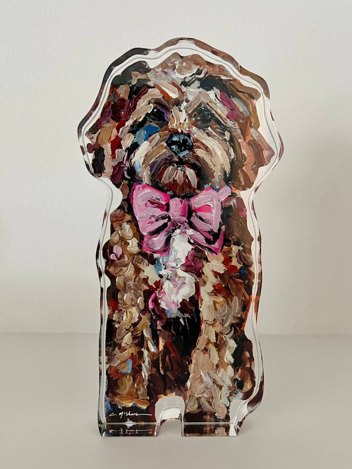 "Cavapoo (Goldendoodle) Red With Pink Bow" acrylic WHOLESALE - Something Splendid Co.
