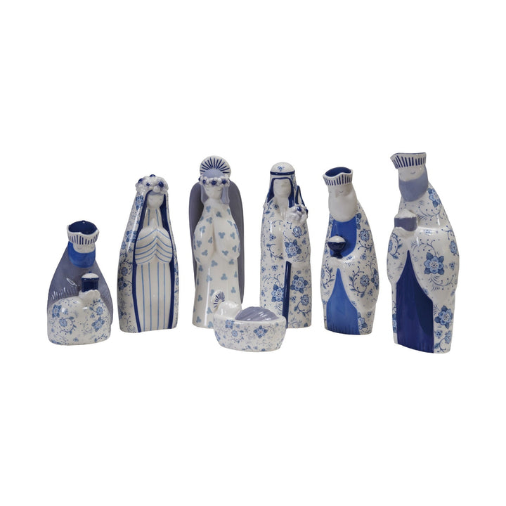 Ceramic Nativity with Floral Pattern, Blue & White, Set of 7 - Something Splendid Co.