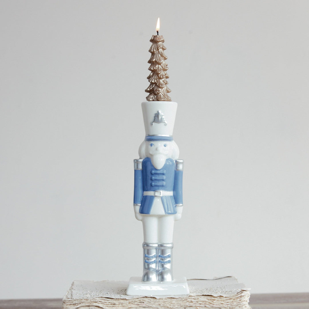 Ceramic Nutcracker Taper Holder, White and Blue - Something Splendid Co.
