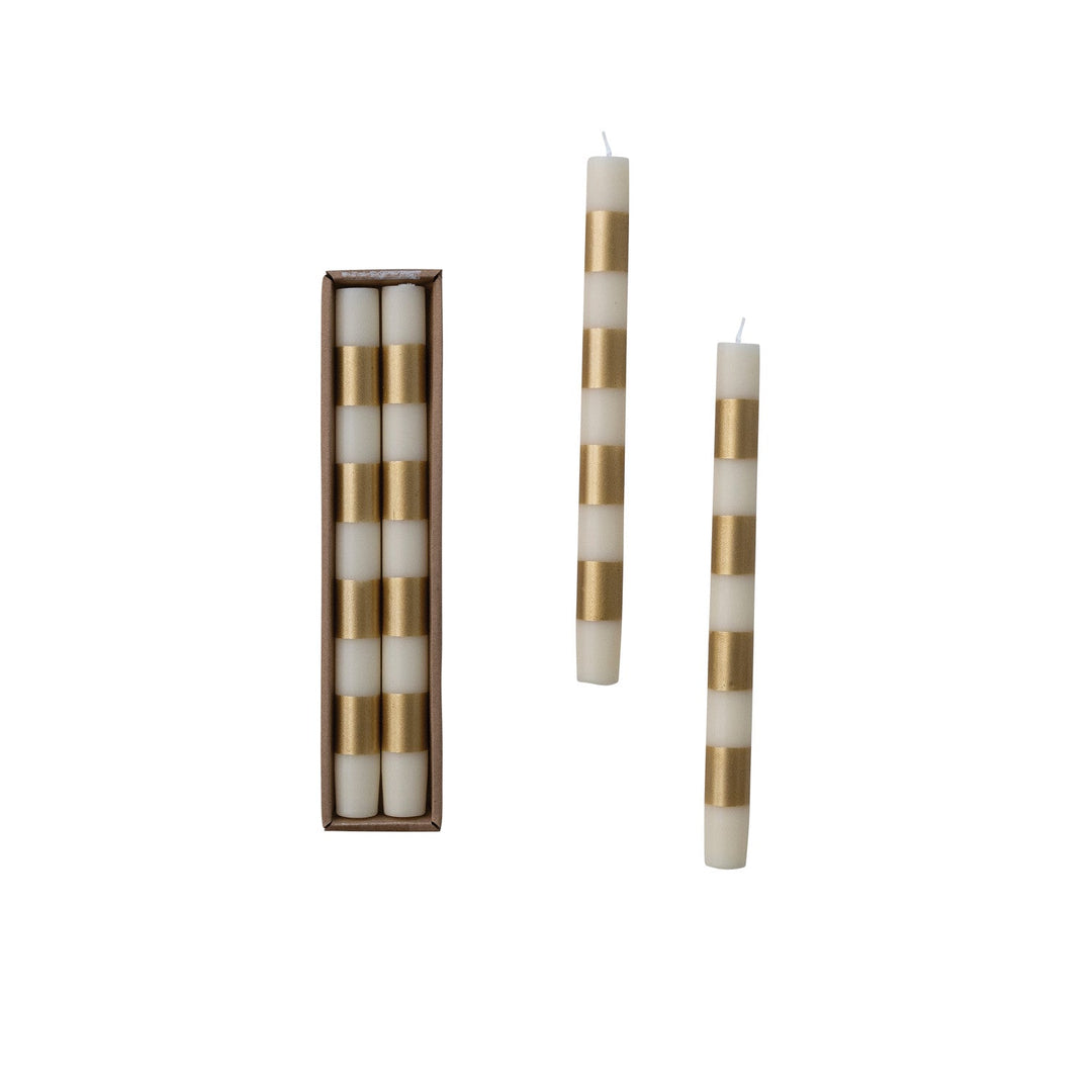 Cream and Gold Striped Taper Candles, Set of 2 - Something Splendid Co.