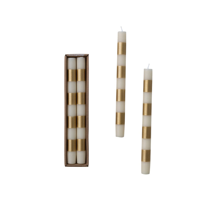 Cream and Gold Striped Taper Candles, Set of 2 - Something Splendid Co.