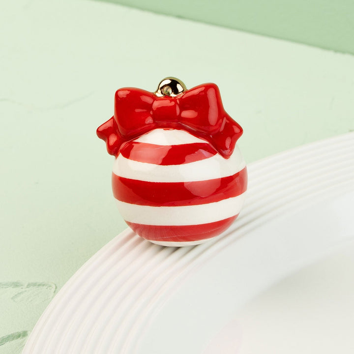 Deck the Halls (Red) Mini by Nora Fleming — hand-painted ceramic red-and-white striped ornament (alternate view)