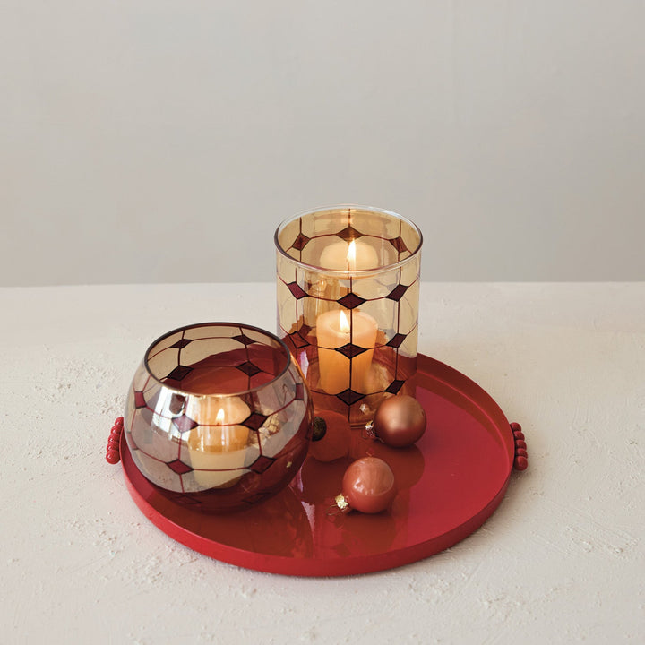 Decorative Enameled Metal Tray with Ball Handles, Red - Something Splendid Co.